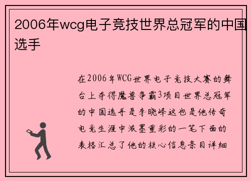 2006年wcg电子竞技世界总冠军的中国选手